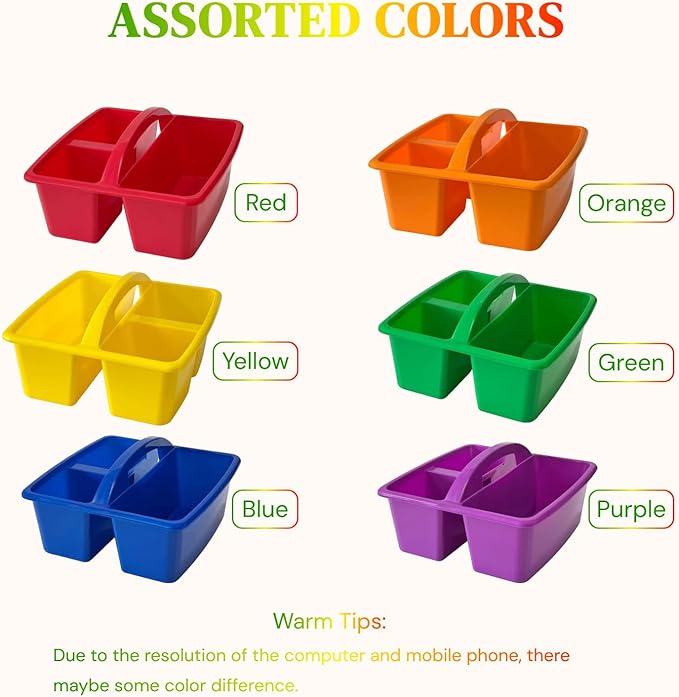 RAUVOLFIA Set of 6 Classroom Caddy, Small Plastic Storage Caddy with Handle for Classrooms, Kids Room and Office Organization, 3 Compartment (Rainbow)