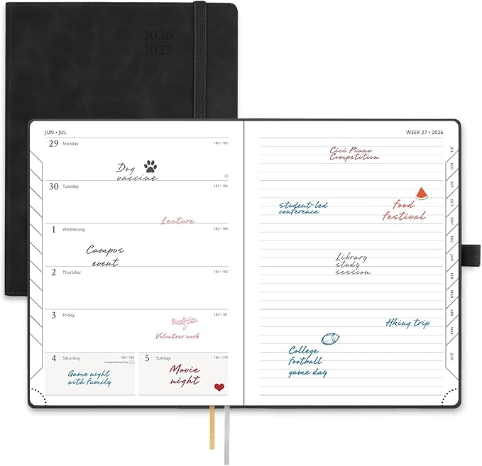 POPRUN Weekly Planner 2026-2027 (Medium 6.5''x 8.5'') Academic Calendar (JUL.26 - JUN.27) Appointment Book with Monthly Tabs, Leather Soft Cover, Inner Pocket, 100 GSM - Black