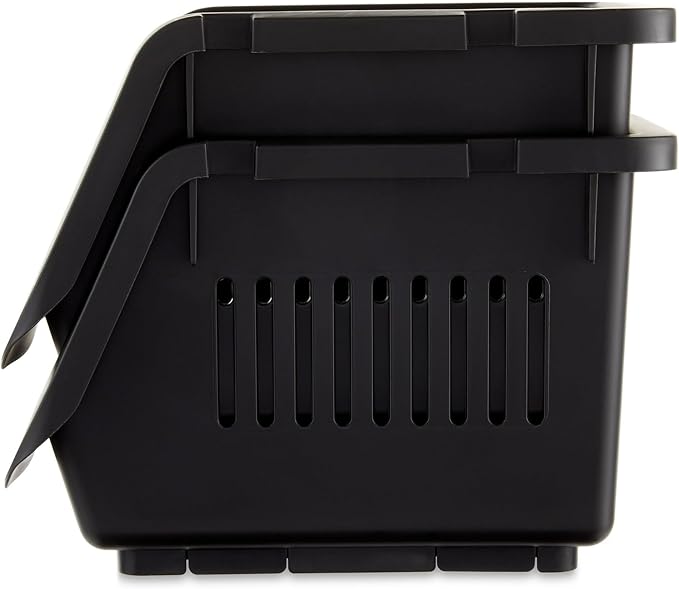 IT'S BRAZILIAN Stackable Storage Bins Set of 2, Plastic Organizer Boxes for Office, Desk, Closet, Black