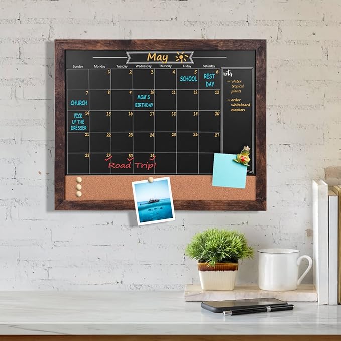Chalkboard Calendar and Bulletin Combo Board. 13" x 17" Brown Wooden Frame，Magnetic Chalkboard.Perfect for Office, Home School Message Board，HBZHB-BN3442-US