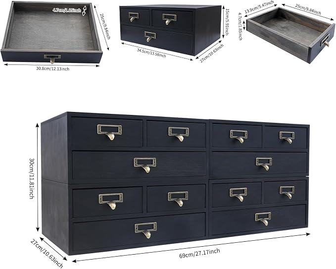 4 Pcs Vintage Wood Desktop Organizer, 4x3 Drawer Apothecary Cabinet with Metal Handles, Stackable Storage for Office Home School, Makeup Jewelry Tea Stationery Herbs
