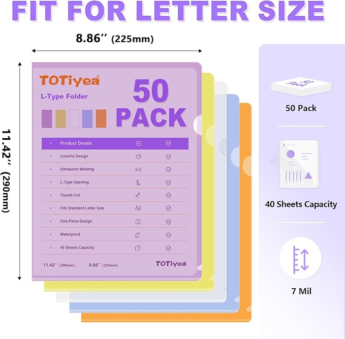 TOTiyea 50 Pack Clear Folder, 7Mil Plastic L-Type Folders, Clear Colored Copy Safe Project Pocket, Fits Letter Size 8.5x11 Paper, Assorted Colors