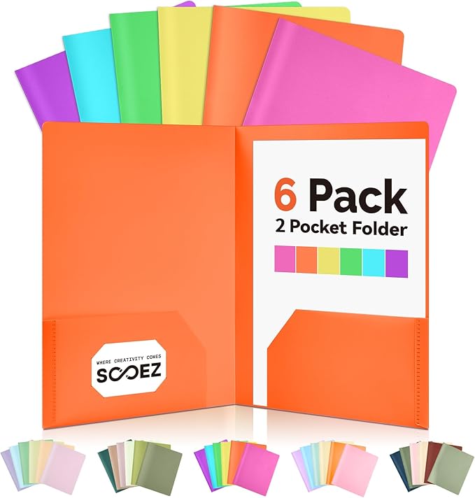 Sooez 6Pack Folders with Pockets, Pastels Colors, Heavy Duty Pocket Folder, Plastic Folders with Pockets, 2-Pocket Folder Bulk, Aesthetic File Folder, Back to School Office Filing Supplies