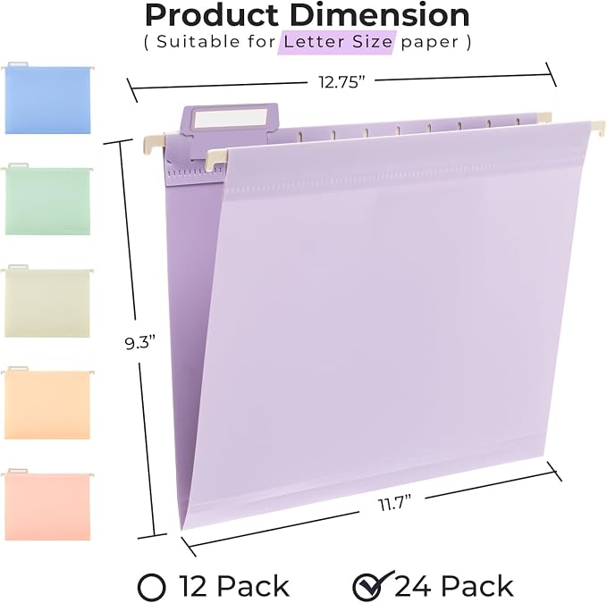 Y YOMA Plastic Hanging File Folders, Letter Size, 1” Expansion, 24 Pack Reinforced Hanging Folders with Tabs Transparent Waterproof for Filing Cabinet Bulky Files Home Office, Dopamine Color