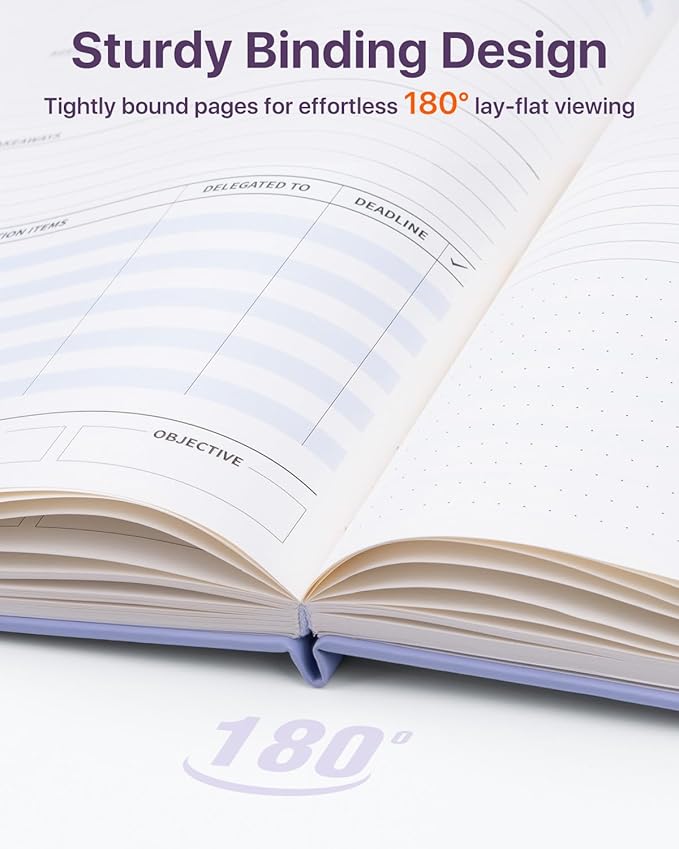 WEMATE Meeting Notebook for Work, Work Planner Notebook With Action Items, B5 Size Project Planner, Easily Take Meeting Notes & Keep Agendas on Track, Calender, Index Page, Inner Pocket, 7×10 Inch, Purple