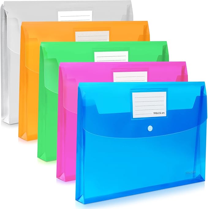 5 Pack Plastic Envelopes,Large-Capacity Colored Clear Folders for Documents File Folder,TFDLCG zm Poly Envelopes with snap Closure,A4 Letter Size(13"×9.5") for School Home Office,Assorted Colors