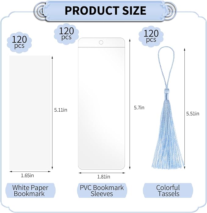 120 Sets Kraft Paper Blank Bookmarks with Tassels, Cardstock DIY Bookmark Making Kit, DIY Projects Party Favor Gift Tag Bulk PVC Tags, 120 Bookmarks 120 Clear Bookmark Sleeves 120 Tassels