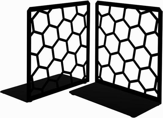 Black Geometric Honeycomb Metal Bookends - Book Ends for Shelves - Decorative Modern Heavy Duty Bookend Stopper - Book Ends for Heavy Books - Home Office Book Holder - 1 Pair, 6x3.25x6.25 in