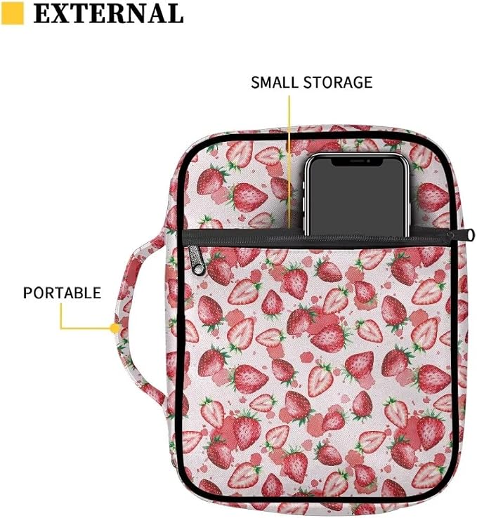 Coldinair Strawberry Bible Cover for Women Nylon Bible Holder Carrier Carrying Organizer Bible Bag, Zipper and Pockets for Standard Large Size Bible