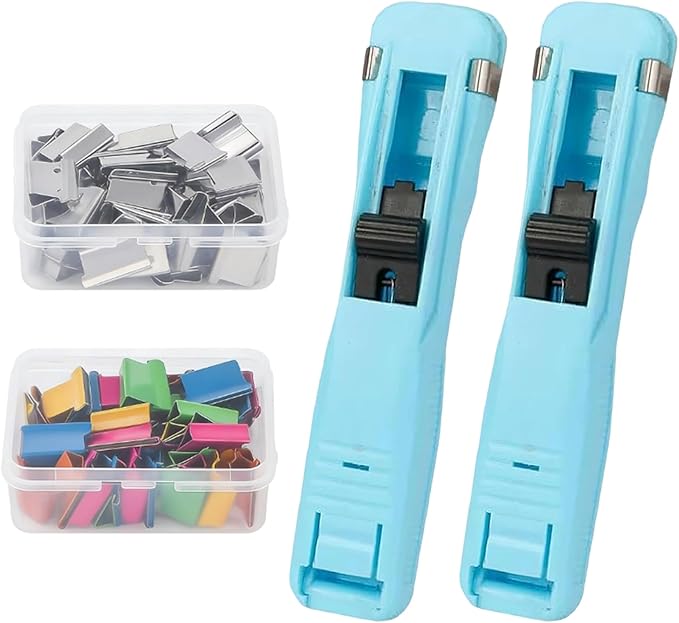 Portable Binder Clip Stapler - Includes 100 Reusable Clips, Compact No-Hole Binding Refillable Handheld Design, Portable Binder Clip Stapler for Office School Home Document Organization (Light Blue*2)