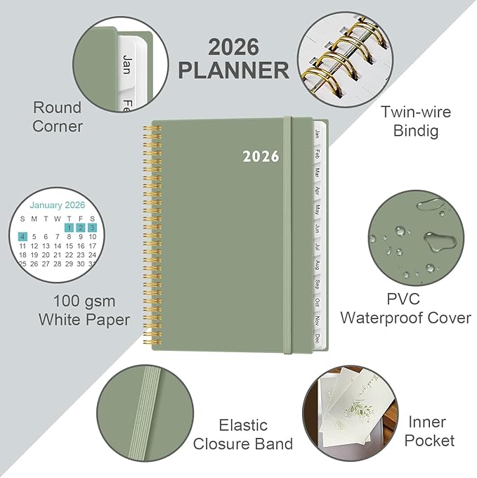 2026 Planner - Planner 2026 from January 2026 to December 2026 with 12 Monthly Tabs, Flexible Cover, Inner Pocket, 8.5" x 11", Green-C