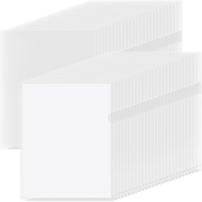 KTRIO Clear Document Folders Project Pockets for 8.5x11 Paper, 100 Pack | Heavy-Duty Clear Project Pockets, Transparent Letter Size Paper Sleeves, L-Shaped Thumb Notch Design, Acid-Free Poly Plastic