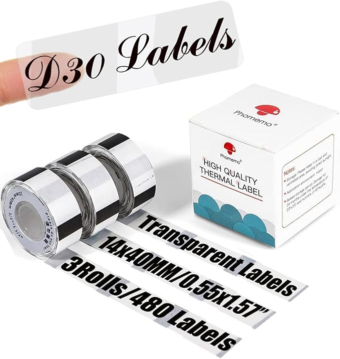 D30 Transparent Thermal Label Tape 14mm x 40mm (0.55" x 1.57") - Compatible with Phomemo/Memoking D30 Printer - Adhesive Clear Label Paper for Cosmetics, Storage, Stationery
