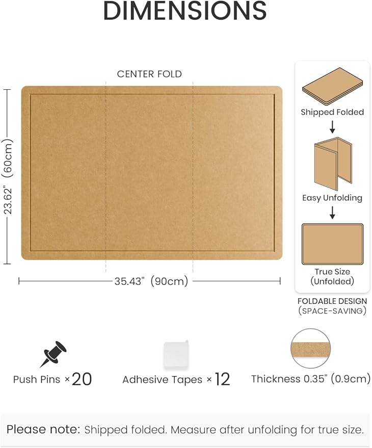 Fluxynara Bulletin Board,35.4" x 23.6" Cork Board Alternative with 12 Safe Removable Adhesive Tabs, Foldable Felt Pin Board for Home Office, Classroom, Bedroom,Entryway for Walls—Mustard Yellow