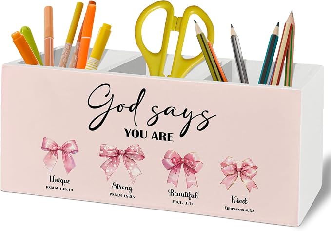 Pink Coquette Bow Christian Pen Pencil Holder Organizer for Desk Accessories, God Says You Are Bible Verse Inspirational Preppy Wooden Box Sign Desk Decor for Girly Bedroom Dorm Decoration