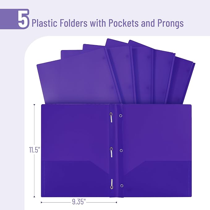 Mr. Pen- Plastic Folders with Pockets and Prongs, 5 Pack, Purple, Pocket Folders, Folders with Prongs, File Folders with Fasteners, 2 Pocket Folder, Folder with Pockets