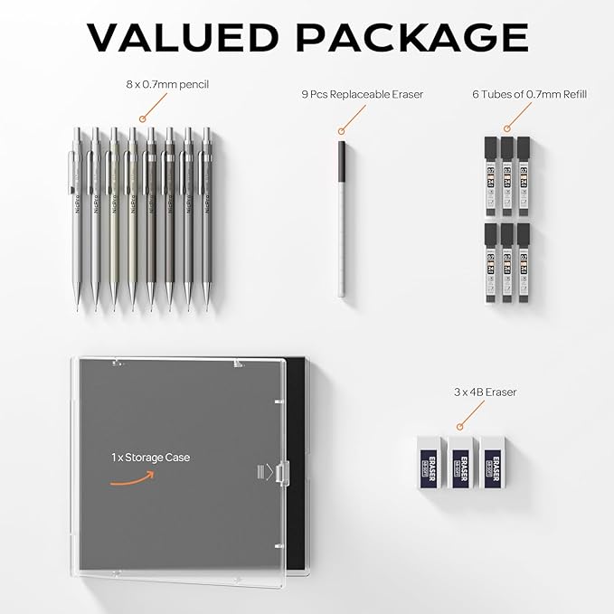 Nicpro 8 Pack Mechanical Pencil 0.7mm with Case, MB1000 Metal Mechanical Pencil Set with 6 Tube HB #2 Lead Refill 0.7 mm, 3PCS 4B Eraser, 9 Cap Eraser for Artist Drafting Writing, Sketching, Drawing
