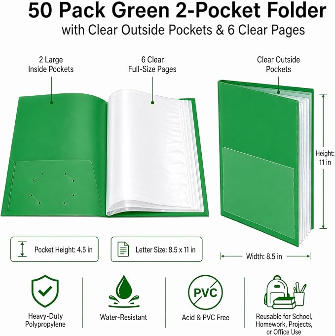 Ultra PRO - 50 Pack Green Heavy Duty 2-Pocket Folders with 6 Clear Internal Pages, Waterproof Poly Project Organizer for School and Office, Fits 8.5 x 11 Letter Size, Customizable Clear Covers