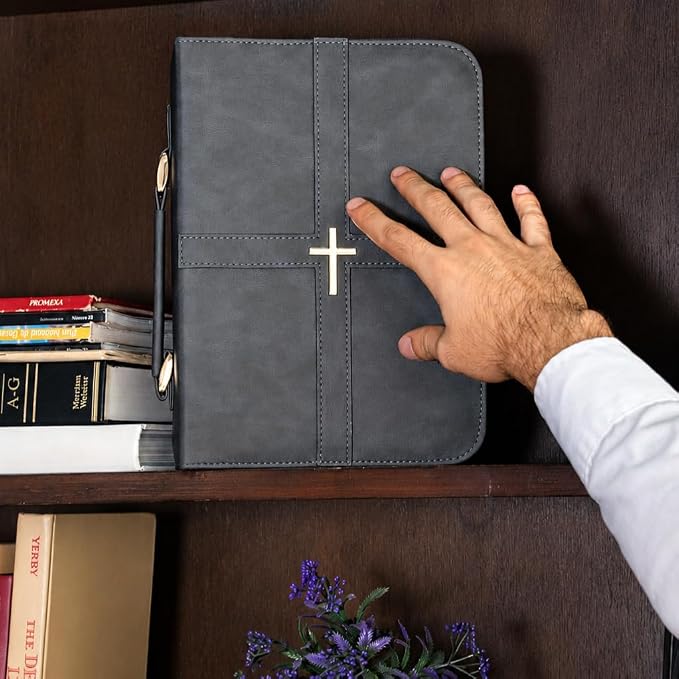 Bible Cover (U.S. Patent Pending), Discreet & Elegant Bible Case, Gray PU Leather Bible Cover, Cross Design Bible Bags, Strong and Sturdy Book Case, Includes Premium Bookmark