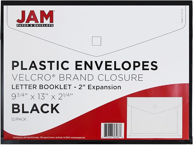 JAM PAPER Plastic Expansion Envelopes with Hook & Loop Closure - Letter Booklet - 9 3/4 x 13 with 2 Inch Expansion - Black - 12/Pack