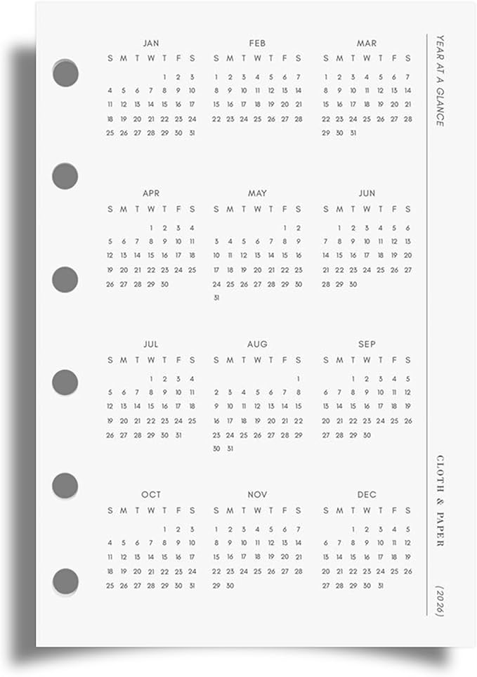 Cloth & Paper 2026 Year At A Glance Single Insert Dashboard for Pocket Size 6 Ring Planner - 3.2 x 4.7 Inches | Transparent Vellum, Elegant Annual Calendar Insert for Small Organizers
