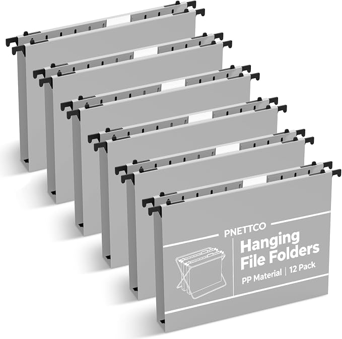 Extra Capacity Plastic Hanging File Folder, 12 Pack Reinforced Hang Folders Letter Size, Heavy Duty 1 Inch Expansion Filing Cabinet Folders, for Bulk Files, Medical Charts, Grey