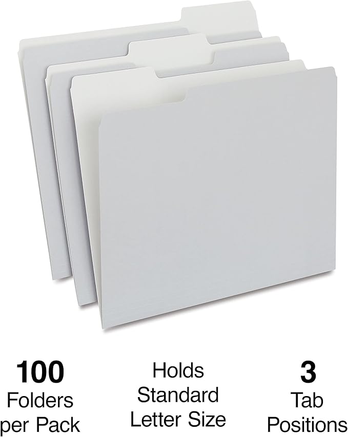 Staples Colored File Folders, Letter Size, 3‑Tab Top‑Tab Design, Gray, Durable Paper Stock, 100/Pack