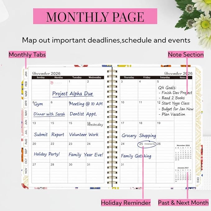 2026-2027 Academic Planner Weekly and Monthly, A5 Agenda July 26 - June 27 with 100GSM Thick Paper, Hardcover Notebook with Tabs,Elastic Closure & Inner Pocket,Cute Cat for Women,Teacher,Students