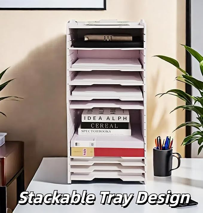 A4 Wooden Desk Letter Tray, Paper Organizer Storage with Adjustable Shelves, Stackable File Sorter for Notes, Pens, File Paper and Desk(Portrait-8tray(with 7 Adjustable Shelves))