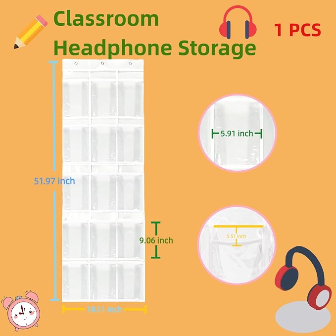 1-Pack Classroom Headphone Storage Organizer – 15 Clear PVC Pockets with Blank Colorful Labels for Custom Writing, Ideal for School & Teacher Organization