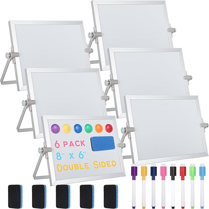 6 Pcs Small Dry Erase White Board with Stand 6 x 8'' Double Sided Magnetic Tabletop Whiteboard Mini Dry Erase Easel Board with 8 Markers 6 Magnets 6 Eraser for Drawing Office School Home