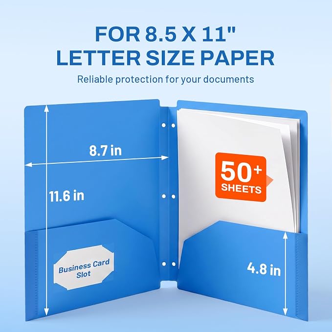 SUNEE 3 Hole Pocket Folders (1 Pack, Blue), Plastic Pocket Folders for 3 Ring Binder, 3-Hole Punched Folder with Pockets, for Kids, Students, Teachers, Office Staff