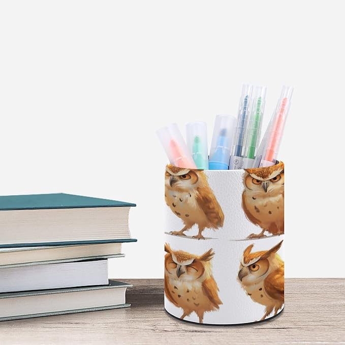 Big Wise Old Brown Owl Pencil Holder Round Pen Cup Wise PU Leather Marker Holder Makeup Brush Holders Desk Accessories Workspace Organizers for Home School Office
