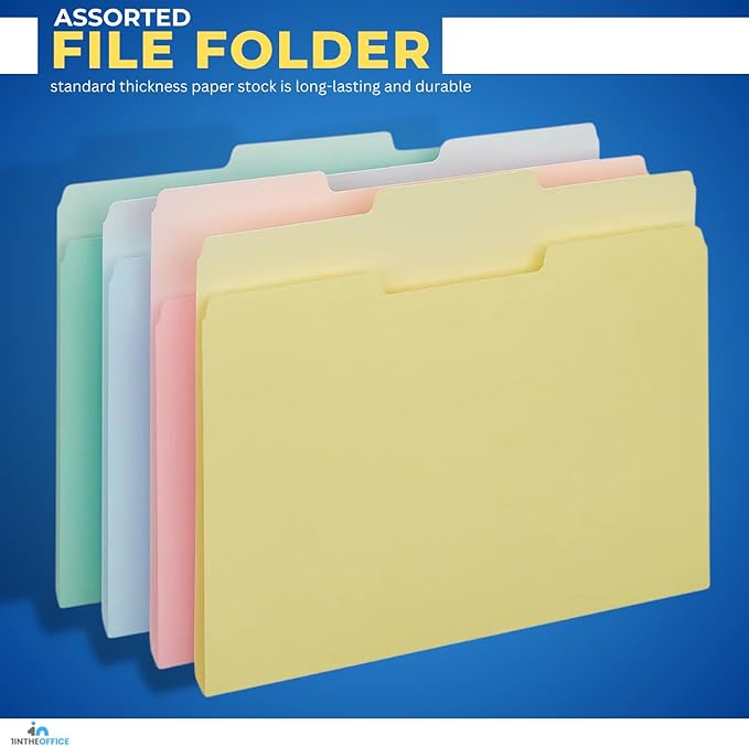 1InTheOffice Colored File Folders Letter Size, Top-Tab File Folders, 3 Tab, 5 Assorted Pastel, 24/Pack