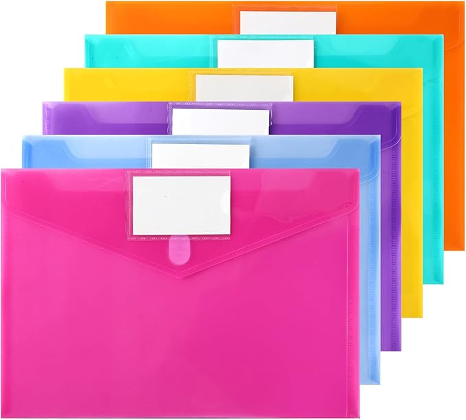 6 Pack Colored Plastic File Folders Letter A4 Size with Tags Clear Document Binder Folder Envelops Receipt Pocket Filing Products Carpeta Organizer Classroom Homeschool Office Supplies Organization