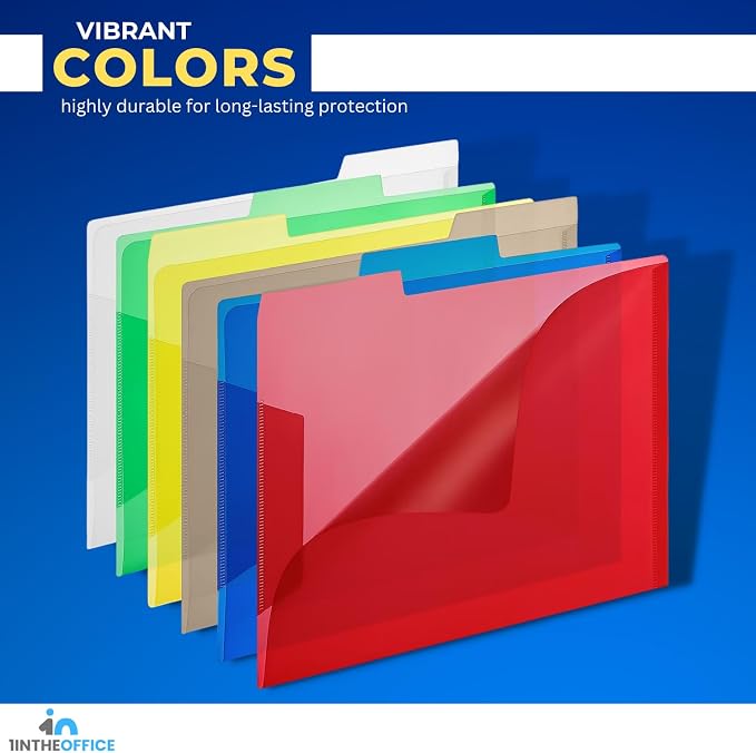 1InTheOffice Plastic File Folders, Poly File Folders, Translucent Poly File Folders, 1/3-cut, Top Tabs, Letter Size, Assorted, 12/Pack