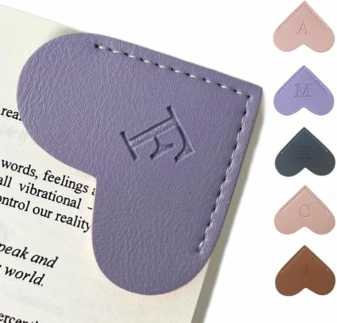 Personalized Leather Book Marks, Heart Bookmark, Unique Cute Handmade Letter Bookmarks Accessories for Reading Women, Teacher, Student, Book Lovers Book Mark Gifts (Purple, F)