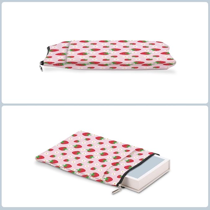 Strawberry Pattern Book Lovers Gifts Waterproof Book Sleeve Book Pouch Book Protector with Zipper and Front Pocket BookCover Case for Women Girl Grandma Mom Book Accessories Book Club Gifts