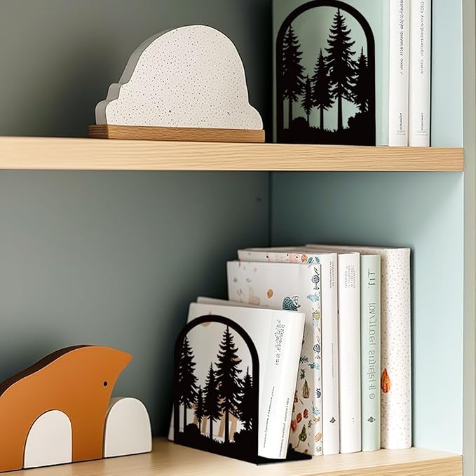 Forest Book Shelf Decorative Bookends for Shelves, Book Ends for Heavy Books, Black Pine Tree Metal Bookends for Desk Organizer, Office Library Decor Decorative Books for Home Decor