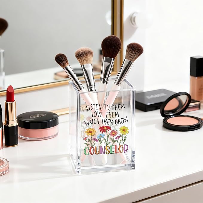 Listen To Them Love Them Counselor Acrylic Pen Holder Cosmetic Organizer, Fun Pencil Pen Holder Desk Accessories for School Counselor Psychology Therapist Teacher, Counselling Appreciation Gifts