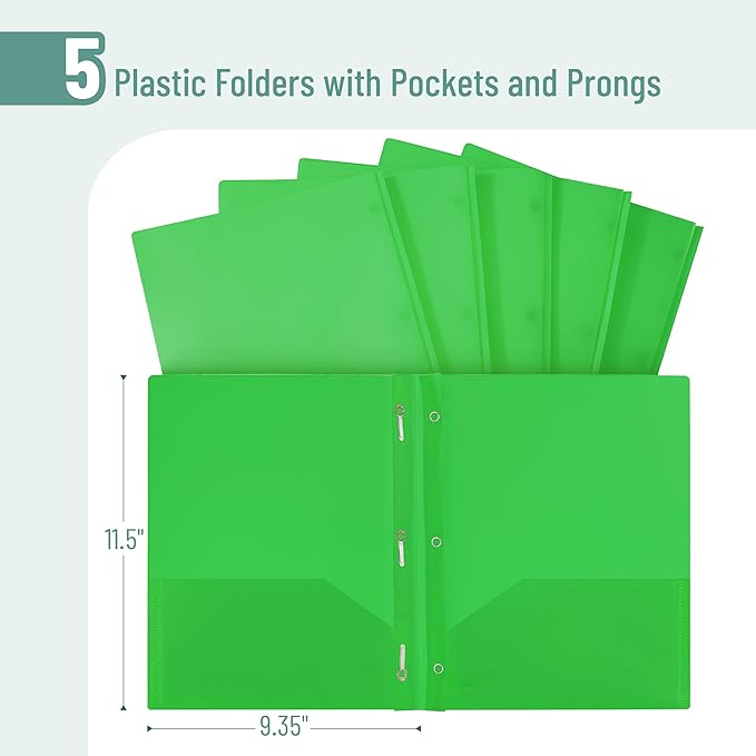 Mr. Pen- Plastic Folders with Pockets and Prongs, 5 Pack, Green, Pocket Folders, Folders with Prongs, File Folders with Fasteners, 2 Pocket Folder
