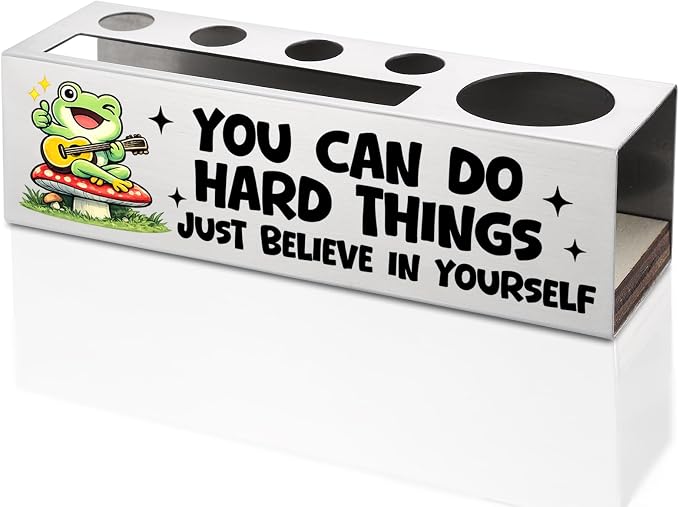 FOKCBOCM Motivational Office Pen Holder with Frog Design, Stainless Steel Desk Organizer Gift for Coworker, Encouragement Workspace Decor, Positive Daily Reminder Desk Accessory-DS119