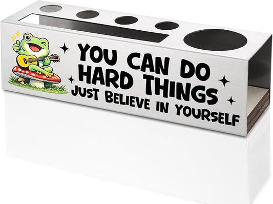 FOKCBOCM Motivational Office Pen Holder with Frog Design, Stainless Steel Desk Organizer Gift for Coworker, Encouragement Workspace Decor, Positive Daily Reminder Desk Accessory-DS119