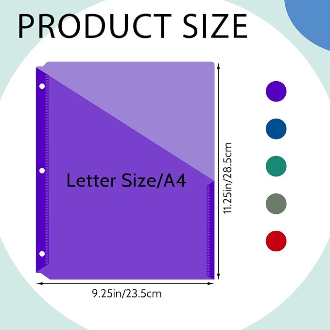Maitys 5 Pack Binder Pockets 3 Hole Punch Clear Plastic Document Folders Binder Organizer Store Letter Size 8.5 x 11 Inch Paper Folders with Pockets Slash File Jacket for Office(Dark Color)