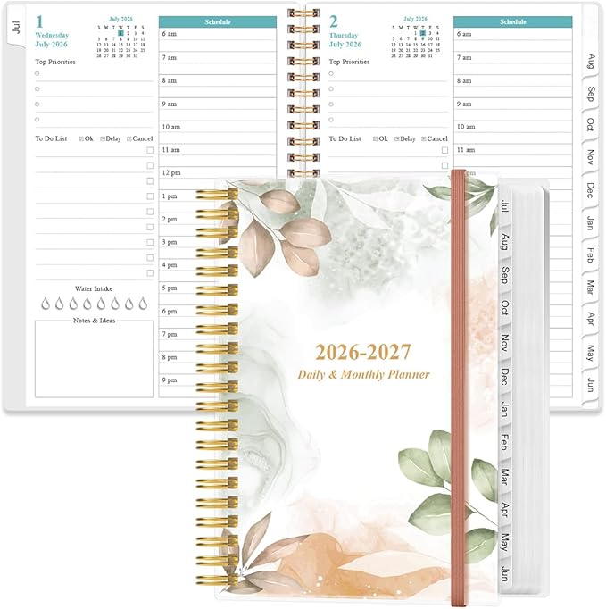 2026-2027 Daily & Monthly Planner, One Page Per Day, Daily Planner 2026-2027 from July 2026 to June 2027, Planner 26-27 with Monthly Tabs, Inner Pocket, 6.4" x 8.5", Rose Leaf