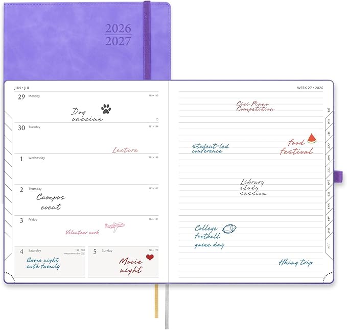 POPRUN Weekly Planner 2026-2027 (Large 8.5''x 10.5'') Academic Calendar (JUL.26 - JUN.27) Appointment Book with Monthly Tabs, Leather Soft Cover, Inner Pocket, 100 GSM - Lilac