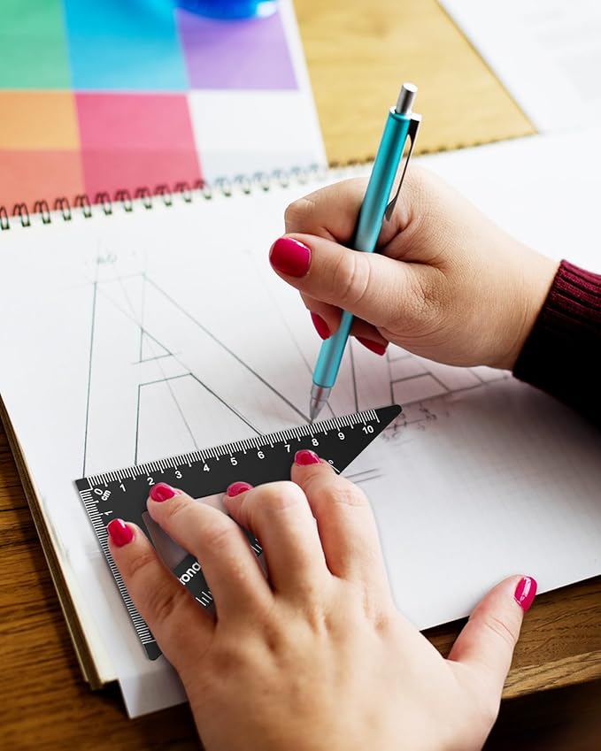 Honagu Triangular Ruler Set, 4 Pieces Aluminum Alloy Ruler, Metal Drafting Ruler, Geometric Protractor for Students, Draftsmen, Engineers, Home School Office Supplies (20cm/7.87inches, Black)