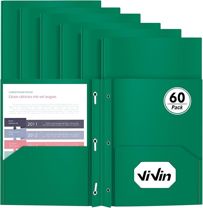 Heavy Duty Plastic Folder, 60 Pack, Pocket Folder with brads, Letter Size Poly File, Plastic Folders with 3 Prongs Fasteners - Green