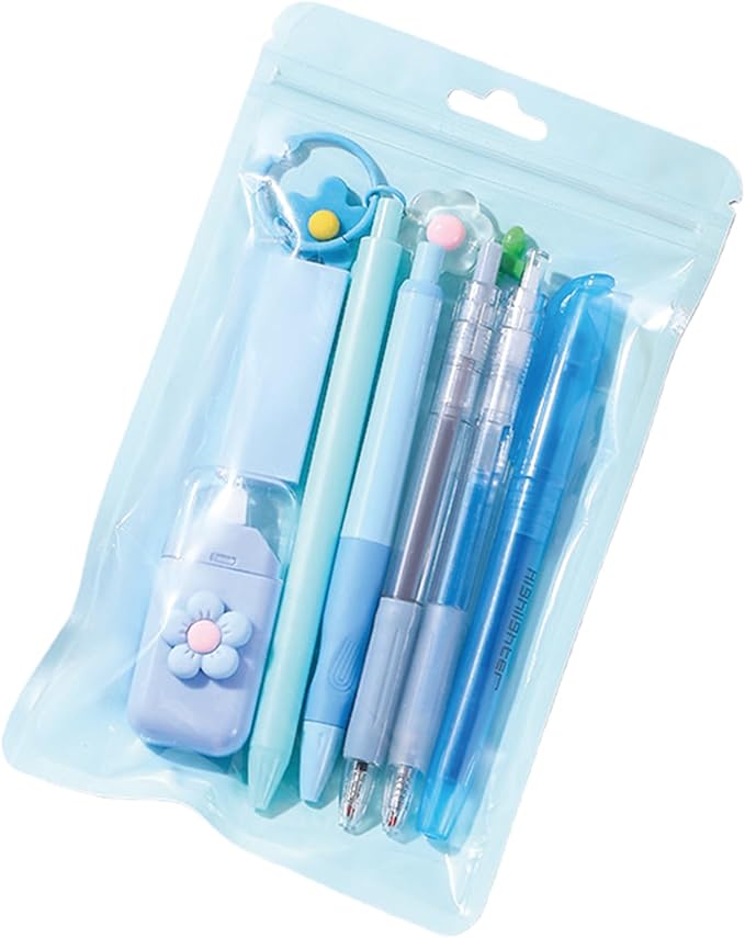 MOZXIRZ 8 Pcs Cute Blue Stationery Set for Girls Boys Women Back to School Supplies Office Supplies Kawaii Candy Colors Stationery Gift Including Pen Pencil Highlighter Eraser (Blue)
