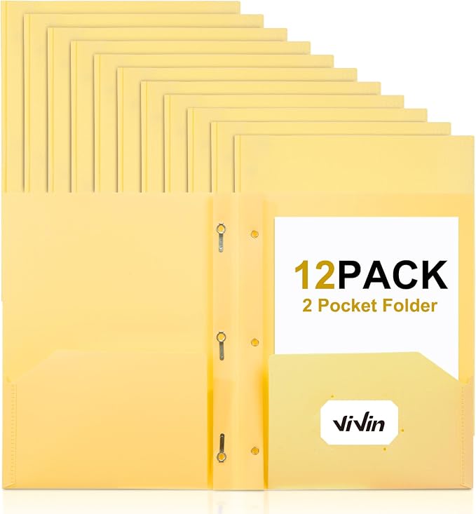 ViVin Sturdy Plastic Folder with Pockets,12 Pack,Heavy Duty Two Pocket 3 Prong Folders,Holds Letter Size Paper,File Folders with Business Card Slot for School Home and Office(Light Yellow)